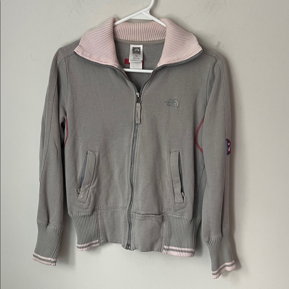 The North Face full-zip jacket light pink collar red stitching, size womens M #